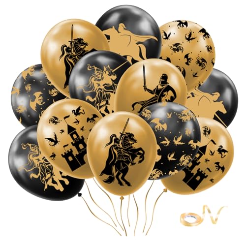 24 Stk. Ritter und Drachen Luftballons Drache Latex Ballons Dragons Kindergeburtstag Dekoration Kreuzritter Mittelalter Mottoparty Ballon Schwarz und Gold von YiiiGoood