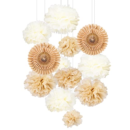 Beige Deko 12 Stk. Pompons Hellbraun Seidenpapier Pompoms Geburtstagsdeko Papier Fächer Braun Pom Poms Set für Hochzeit Babyparty Neutral von YiiiGoood