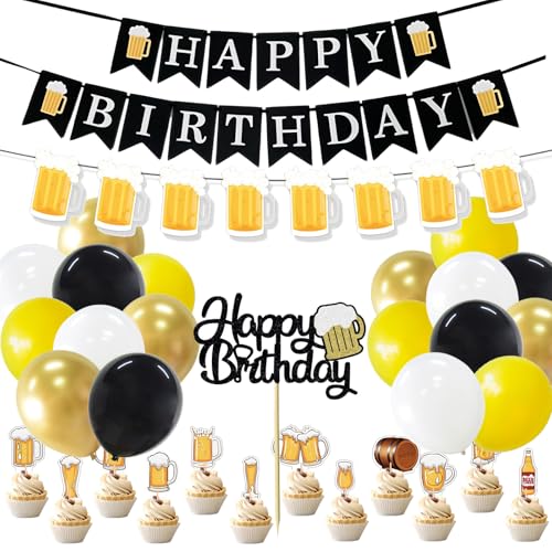 Bier Geburtstag Deko HAPPY BIRTHDAY Banner Weizen Bier Girlande Kuchendeko Tortenaufsatz Luftballons Geburtstagsset Latexballon Dekoration für Männer von YiiiGoood