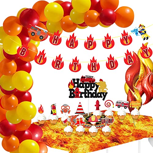 Feuerwehr Geburtstag Deko Geburtstagsdeko Feuerwehr Tischdecke Flamme Feuerwehrauto Folienballon Feuerwehrmann Tortendeko HAPPY BIRTHDAY Girlande Luftballons für Kindergeburtstag Jungen von YiiiGoood