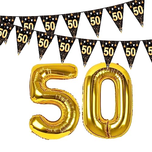 Deko 50 Geburtstag Mann 4 Meter Wimpelkette Schwarz Gold Zahlen Folienballon Dekoration dreieckiges Flaggenbanner Wimpel Banner Outdoor Folie Ballons Zahl 50. Geburtstagsdeko 50 Jahre Jubiläum Party von YiiiGoood