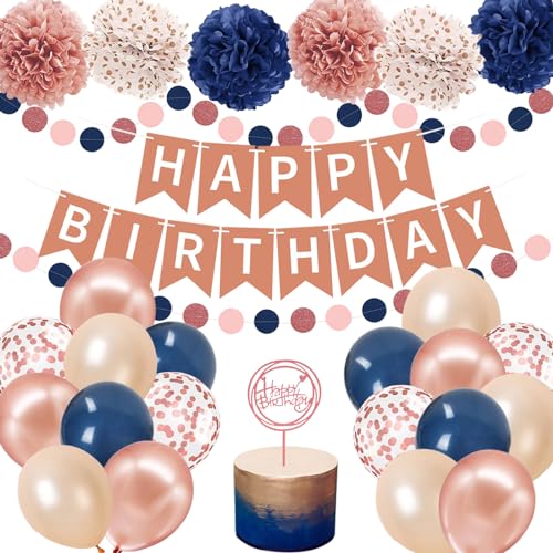 Navy Blau Geburtstag Deko Rosegold HAPPY BIRTHDAY Banner Dunkelblau Seidenpapier Pompoms Runde Circle Girlande Luftballons Roségold Konfetti Ballons Geburtstagsdeko von YiiiGoood