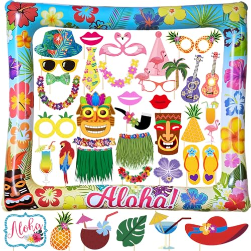 Sommer Fotobox Accessoires Hawaii 36 STK. Foto Requisiten Set Aloha Aufblasbarer Fotorahmen Luau Party Supplies Poolparty Deko Flamingo Photo Booth Sommerparty Zubehör von YiiiGoood