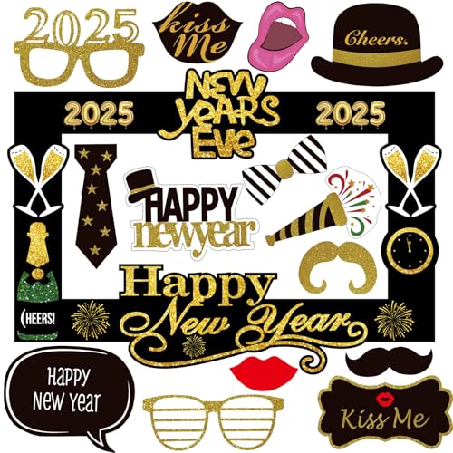 YiiiGoood 2025 Silvester Fotobox 14Stk. Foto Requisiten Neujahr Pappe Fotorahmen Happy New Year Fotorequisiten Dekoration Frohes Neues Jahr Accessoires Schwarz Gold von YiiiGoood