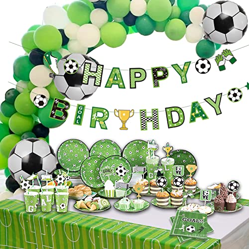 YiiiGoood Fussball Geburtstagsdeko Jungen Fußball Zubehör mit Tischdecke, Serviette, Happy Birthday Girlande Luftballons Football Kuchendeko Fussball Geburtstag Deko für Kindergeburtstag Junge von YiiiGoood