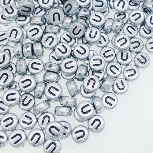Yiizzxin 200 runde U-Perlen aus antikem Silber, 4 x 7 mm, flache Vokal-Buchstaben-U-Perlen für Armbänder, Alphabet-Perlen für Schmuckherstellung, DIY, Halsketten, Bastelbedarf (Silber-U) von Yiizzxin