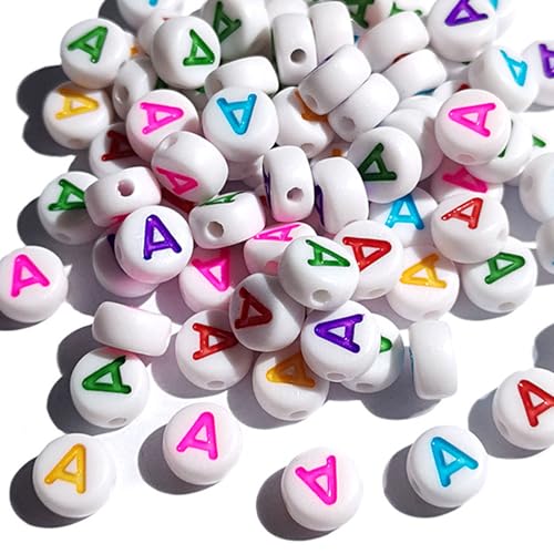 Yiizzxin Bunte Acrylperlen mit Buchstaben A, 4 x 7 mm, rund, flach, mehrfarbig, Buchstabe A, weißer Hintergrund, gemischte Farben, Alphabet-Perlen A für Armbänder, 200 Stück von Yiizzxin