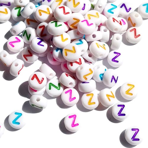 Yiizzxin Bunte Acrylperlen mit Buchstaben Z, 4 x 7 mm, rund, flach, mehrfarbig, Buchstabe Z, weißer Hintergrund, gemischte Farben, Alphabet-Perlen Z für Armbänder, 200 Stück von Yiizzxin