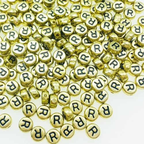 Yiizzxin Runde Perlen mit Buchstaben R, 4 x 7 mm, flache Buchstaben-R Perlen für Armbänder, Alphabet-Perlen für Schmuckherstellung, DIY, Halsketten, Bastelbedarf, 200 Stück (Gold-R) von Yiizzxin