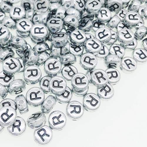 Yiizzxin Runde Perlen mit Buchstaben R, 4 x 7 mm, flache Buchstaben-R Perlen für Armbänder, Alphabet-Perlen für Schmuckherstellung, DIY, Halsketten, Bastelbedarf, 200 Stück (Silber-R) von Yiizzxin