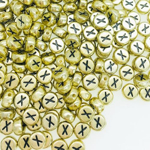 Yiizzxin Runde Perlen mit Buchstaben X, 4 x 7 mm, flache Buchstaben-X-Perlen für Armbänder, Alphabet-Perlen für Schmuckherstellung, DIY, Halsketten, Bastelbedarf, 200 Stück (Gold-X) von Yiizzxin