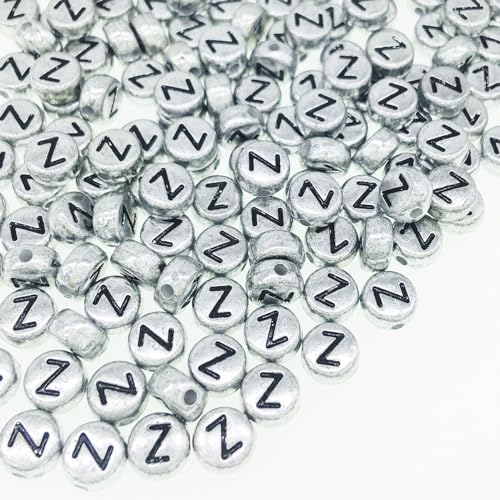 Yiizzxin Runde antike Silberbuchstaben Z, 4 x 7 mm, flache Buchstaben-Z-Perlen für Armbänder, Alphabet-Perlen für Schmuckherstellung, DIY, Halsketten, Bastelbedarf (Silber-Z), 200 Stück von Yiizzxin