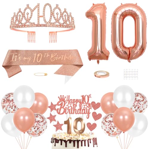 10. Geburtstag Dekoration Mädchen Geburtstags Königin Tiara Prinzessin Kronen 10th Geburtstag Schärpe 10 Jahre Alte Birthday Kuchendeko Zahl Kerzen Ballons Set Girls Geburtstagsparty Dekor Roségold von Yijunmca