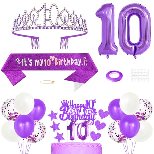 10. Geburtstag Dekoration Mädchen Geburtstags Königin Tiara Prinzessin Kronen 10th Geburtstag Schärpe 10 Jahre Alte Birthday Kuchendeko Zahl Kerzen Ballons Set für Girls Geburtstagsparty Dekor, Lila von Yijunmca