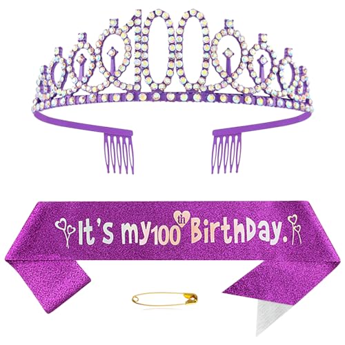 100. Geburtstags Krone und Schärpe für Damen Kristall Queen Tiara Princess Crown Lila Birthday Schärpe 100th Geburtstagskrone Frau Geburtstagsschärpe Frauen Geburtstag Dekoration Geburtstagsgeschenk von Yijunmca