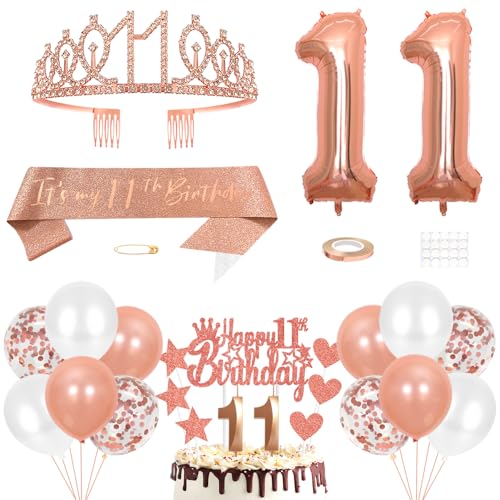 11. Geburtstag Dekoration Mädchen Geburtstags Königin Tiara Prinzessin Kronen 11th Geburtstag Schärpe 11 Jahre Alte Birthday Kuchendeko Zahl Kerzen Ballons Set Girls Geburtstagsparty Dekor Roségold von Yijunmca