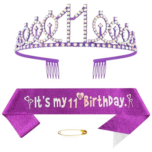 11. Geburtstags Krone und Schärpe für Mädchen Kristall Queen Tiara Princess Crown Lila 11th Birthday Schärpe 11th Geburtstagskrone Geburtstagsschärpe Girls Geburtstag Dekoration Geburtstagsgeschenk von Yijunmca