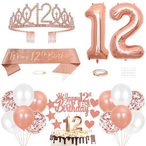 12. Geburtstag Dekoration Mädchen Geburtstags Königin Tiara Prinzessin Kronen 12th Geburtstag Schärpe 12 Jahre Alte Birthday Kuchendeko Zahl Kerzen Ballons Set Girls Geburtstagsparty Dekor Roségold von Yijunmca