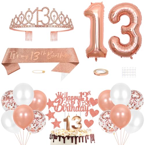 13. Geburtstag Dekoration Mädchen Geburtstags Königin Tiara Prinzessin Kronen 13th Geburtstag Schärpe 13 Jahre Alte Birthday Kuchendeko Zahl Kerzen Ballons Set Girls Geburtstagsparty Dekor Roségold von Yijunmca