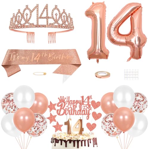 14. Geburtstag Dekoration Mädchen Geburtstags Königin Tiara Prinzessin Kronen 14th Geburtstag Schärpe 14 Jahre Alte Birthday Kuchendeko Zahl Kerzen Ballons Set Girls Geburtstagsparty Dekor Roségold von Yijunmca