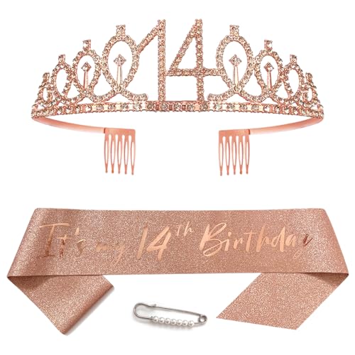 14. Geburtstags Krone und Schärpe für Mädchen Kristall Queen Tiara Princess Crown Roségold 14th Birthday Schärpe Geburtstagskrone Geburtstagsschärpe Girls Geburtstag Dekoration Geburtstagsgeschenk von Yijunmca