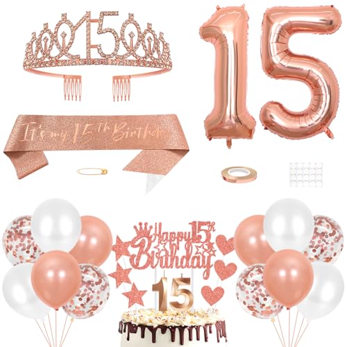 15. Geburtstag Dekoration Mädchen Geburtstags Königin Tiara Prinzessin Kronen 15th Geburtstag Schärpe 15 Jahre Alte Birthday Kuchendeko Zahl Kerzen Ballons Set Girls Geburtstagsparty Dekor Roségold von Yijunmca