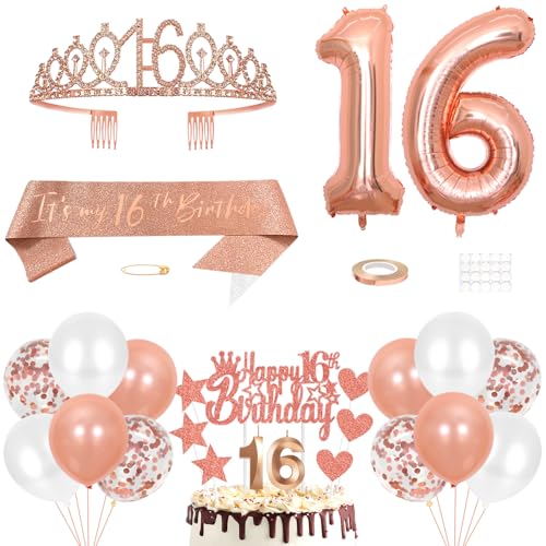 16. Geburtstag Dekoration Mädchen Geburtstags Königin Tiara Prinzessin Kronen 16th Geburtstag Schärpe 16 Jahre Alte Birthday Kuchendeko Zahl Kerzen Ballons Set Girls Geburtstagsparty Dekor Roségold von Yijunmca