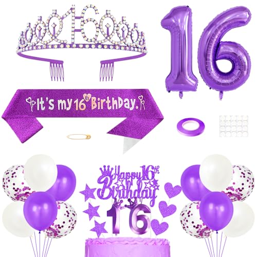 16. Geburtstag Dekoration Mädchen Geburtstags Königin Tiara Prinzessin Kronen 16th Geburtstag Schärpe 16 Jahre Alte Birthday Kuchendeko Zahl Kerzen Ballons Set für Girls Geburtstagsparty Dekor, Lila von Yijunmca