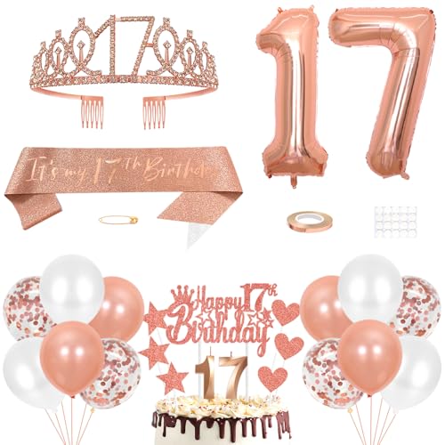 17. Geburtstag Dekoration Mädchen Geburtstags Königin Tiara Prinzessin Kronen 17th Geburtstag Schärpe 17 Jahre Alte Birthday Kuchendeko Zahl Kerzen Ballons Set Girls Geburtstagsparty Dekor Roségold von Yijunmca