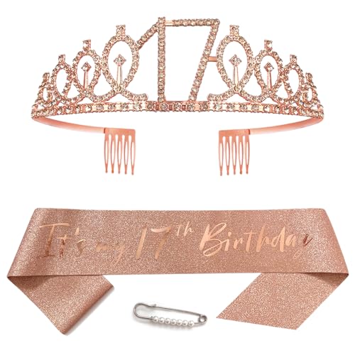 17. Geburtstags Krone und Schärpe für Mädchen Kristall Queen Tiara Princess Crown Roségold 17th Birthday Schärpe 17 Geburtstagskrone Geburtstagsschärpe Girls Geburtstag Dekoration Geburtstagsgeschenk von Yijunmca