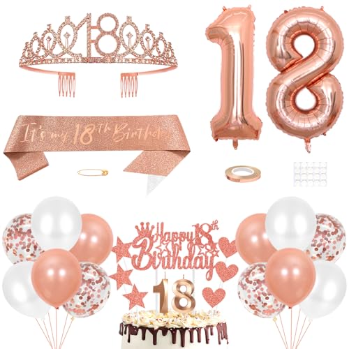 18. Geburtstag Dekoration Mädchen Geburtstags Königin Tiara Prinzessin Kronen 18th Geburtstag Schärpe 18 Jahre Alte Birthday Kuchendeko Zahl Kerzen Ballons Set Girls Geburtstagsparty Dekor Roségold von Yijunmca