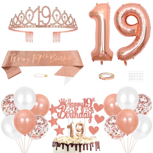 19. Geburtstag Dekoration Mädchen Geburtstags Königin Tiara Prinzessin Kronen 19th Geburtstag Schärpe 19 Jahre Alte Birthday Kuchendeko Zahl Kerzen Ballons Set Girls Geburtstagsparty Dekor Roségold von Yijunmca