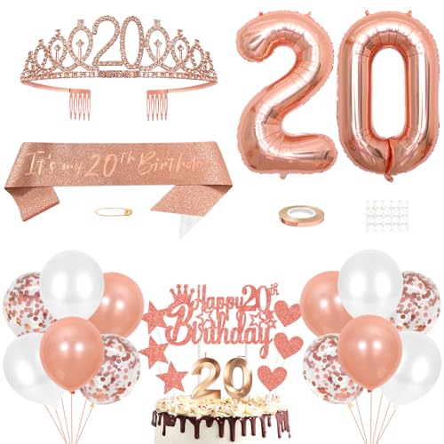 20. Geburtstag Dekoration Mädchen Geburtstags Königin Tiara Prinzessin Kronen 20th Geburtstag Schärpe 20 Jahre Alte Birthday Kuchendeko Zahl Kerzen Ballons Set Girls Geburtstagsparty Dekor Roségold von Yijunmca