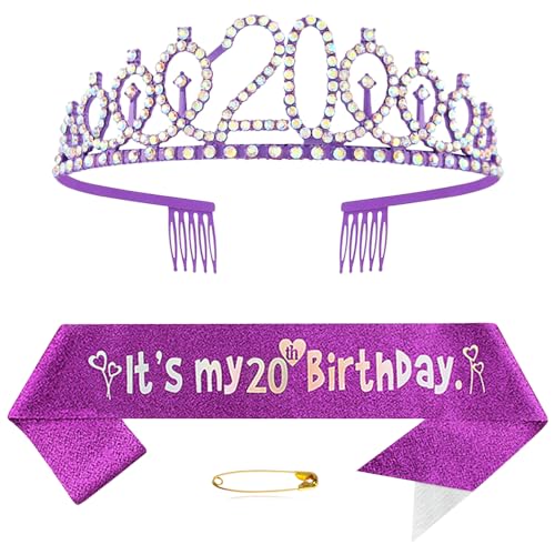 20. Geburtstags Krone und Schärpe für Mädchen Kristall Queen Tiara Princess Crown Lila 20th Birthday Schärpe 20th Geburtstagskrone Geburtstagsschärpe Girls Geburtstag Dekoration Geburtstagsgeschenk von Yijunmca