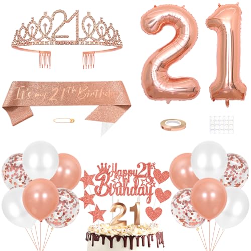 21. Geburtstag Dekoration Mädchen Geburtstags Königin Tiara Prinzessin Kronen 21st Geburtstag Schärpe 21 Jahre Alte Birthday Kuchendeko Zahl Kerzen Ballons Set Girls Geburtstagsparty Dekor Roségold von Yijunmca