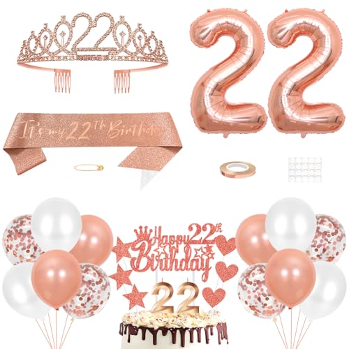 22. Geburtstag Dekoration Mädchen Geburtstags Königin Tiara Prinzessin Kronen 22nd Geburtstag Schärpe 22 Jahre Alte Birthday Kuchendeko Zahl Kerzen Ballons Set Girls Geburtstagsparty Dekor Roségold von Yijunmca