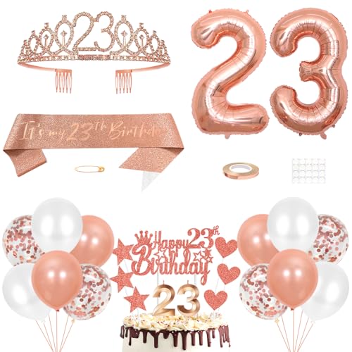 23. Geburtstag Dekoration Mädchen Geburtstags Königin Tiara Prinzessin Kronen 23rd Geburtstag Schärpe 23 Jahre Alte Birthday Kuchendeko Zahl Kerzen Ballons Set Girls Geburtstagsparty Dekor Roségold von Yijunmca