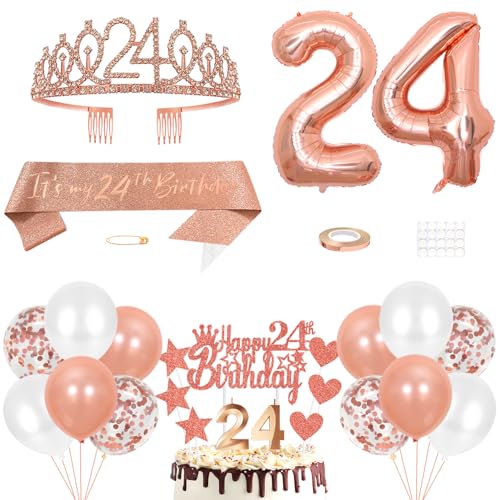 24. Geburtstag Dekoration Mädchen Geburtstags Königin Tiara Prinzessin Kronen 24th Geburtstag Schärpe 24 Jahre Alte Birthday Kuchendeko Zahl Kerzen Ballons Set Girls Geburtstagsparty Dekor Roségold von Yijunmca