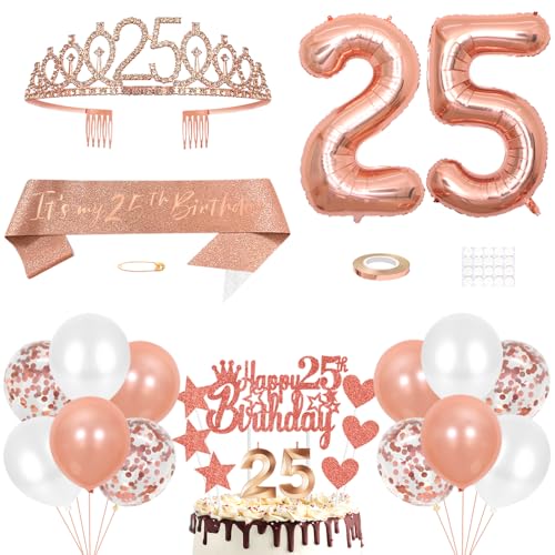 25. Geburtstag Dekoration Mädchen Geburtstags Königin Tiara Prinzessin Kronen 25th Geburtstag Schärpe 25 Jahre Alte Birthday Kuchendeko Zahl Kerzen Ballons Set Girls Geburtstagsparty Dekor Roségold von Yijunmca