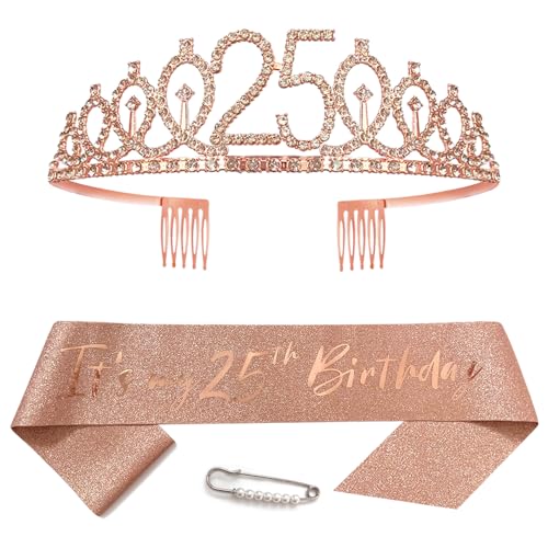 25. Geburtstags Krone und Schärpe für Mädchen Damen Kristall Queen Tiara Princess Crown Roségold Birthday Schärpe 25th Geburtstagskrone Geburtstagsschärpe Geburtstag Dekoration Geburtstagsgeschenk von Yijunmca