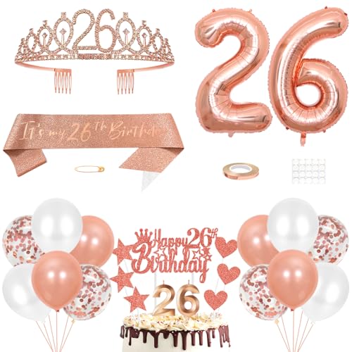 26. Geburtstag Dekoration Mädchen Geburtstags Königin Tiara Prinzessin Kronen 26th Geburtstag Schärpe 26 Jahre Alte Birthday Kuchendeko Zahl Kerzen Ballons Set Girls Geburtstagsparty Dekor Roségold von Yijunmca