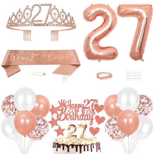 27. Geburtstag Dekoration Mädchen Geburtstags Königin Tiara Prinzessin Kronen 27th Geburtstag Schärpe 27 Jahre Alte Birthday Kuchendeko Zahl Kerzen Ballons Set Girls Geburtstagsparty Dekor Roségold von Yijunmca