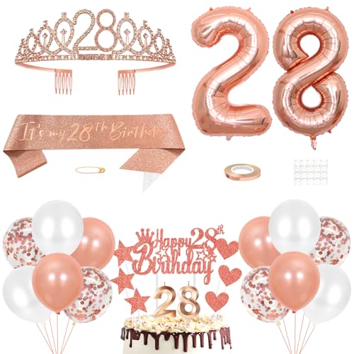 28. Geburtstag Dekoration Mädchen Geburtstags Königin Tiara Prinzessin Kronen 28th Geburtstag Schärpe 28 Jahre Alte Birthday Kuchendeko Zahl Kerzen Ballons Set Girls Geburtstagsparty Dekor Roségold von Yijunmca