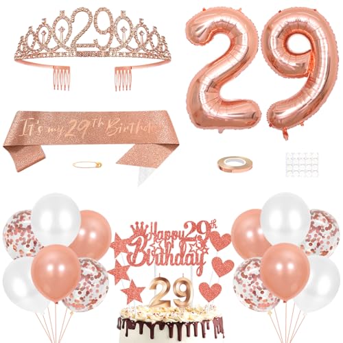 29. Geburtstag Dekoration Mädchen Geburtstags Königin Tiara Prinzessin Kronen 29th Geburtstag Schärpe 29 Jahre Alte Birthday Kuchendeko Zahl Kerzen Ballons Set Girls Geburtstagsparty Dekor Roségold von Yijunmca