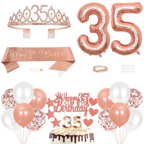 35. Geburtstag Dekoration Mädchen Geburtstags Königin Tiara Prinzessin Kronen 35th Geburtstag Schärpe 35 Jahre Alte Birthday Kuchendeko Zahl Kerzen Ballons Set Girls Geburtstagsparty Dekor Roségold von Yijunmca