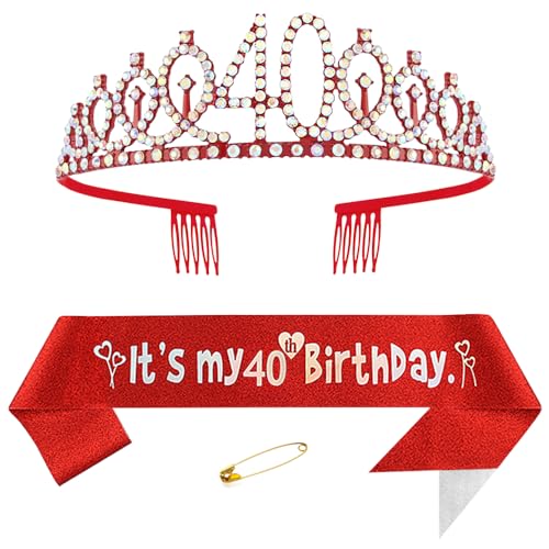 40. Geburtstags Krone und Schärpe für Damen Kristall Queen Tiara Princess Crown Rot Birthday Schärpe 40th Geburtstagskrone Frau Geburtstagsschärpe Frauen Geburtstag Dekoration Geburtstagsgeschenk von Yijunmca