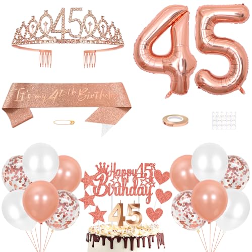 45. Geburtstag Dekoration Mädchen Geburtstags Königin Tiara Prinzessin Kronen 45th Geburtstag Schärpe 45 Jahre Alte Birthday Kuchendeko Zahl Kerzen Ballons Set Girls Geburtstagsparty Dekor Roségold von Yijunmca