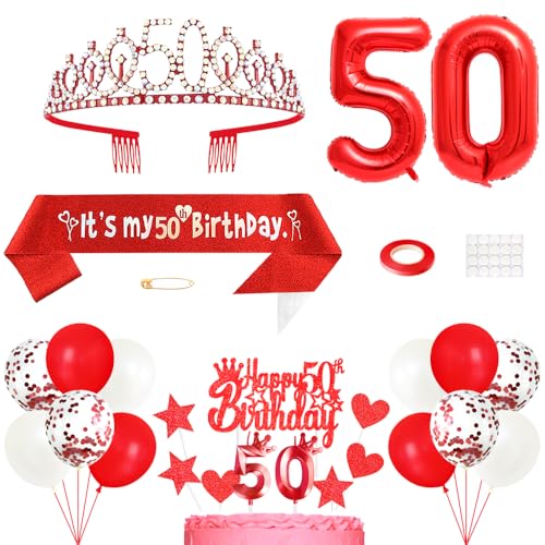 50. Geburtstag Dekoration Frauen Geburtstags Königin Tiara Prinzessin Kronen 50th Geburtstag Schärpe 50 Jahre Alte Birthday Kuchendeko Zahl Kerzen Ballons Set für Damen Geburtstagsparty Dekor, Rot von Yijunmca