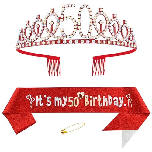 50. Geburtstags Krone und Schärpe für Damen Kristall Queen Tiara Princess Crown Rot Birthday Schärpe 50th Geburtstagskrone Frau Geburtstagsschärpe Frauen Geburtstag Dekoration Geburtstagsgeschenk von Yijunmca