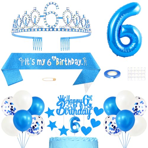 6. Geburtstag Dekoration Mädchen Geburtstags Königin Tiara Prinzessin Kronen 6th Geburtstag Schärpe 6 Jahre Alte Birthday Kuchendeko Zahl Kerzen Ballons Set für Girls Geburtstagsparty Dekor, Blau von Yijunmca